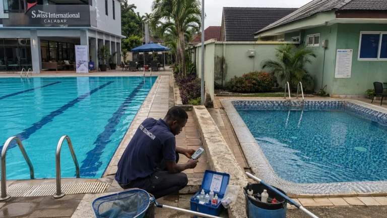 Find trusted pool cleaners to treat water, scrub tiles, and fix pumps for private and hotel pools in Calabar and Ekorinim.